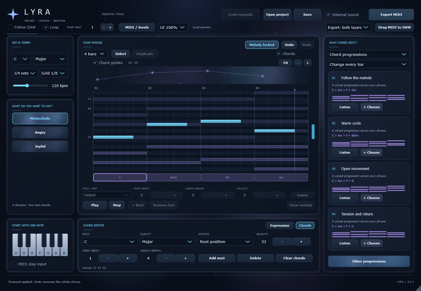 LYRA's real interface, with a piano roll, editable chord progression and four harmony suggestions.